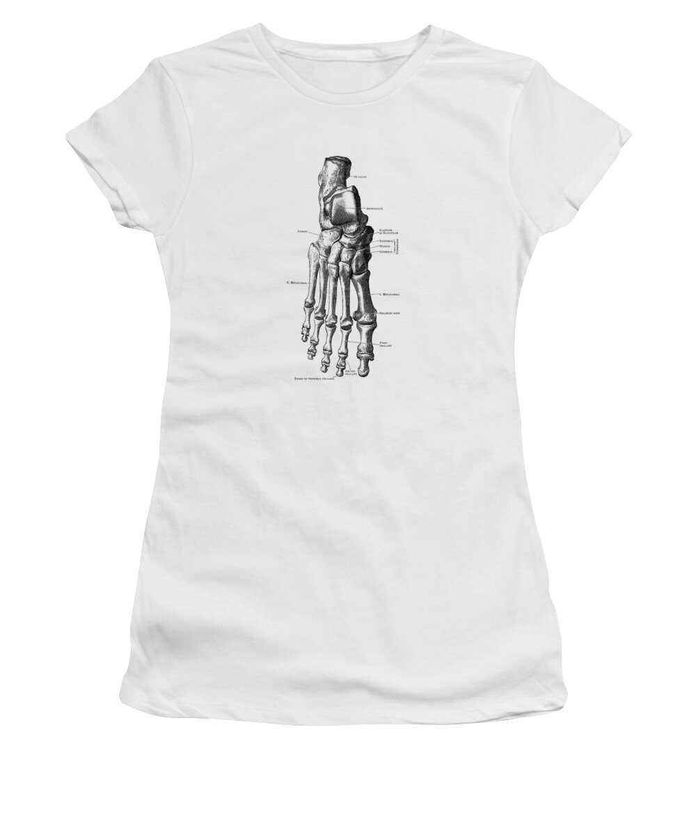 Skeleton Women's T-Shirt featuring the drawing Right Foot Skeletal Diagram - Vintage Anatomy Poster by Vintage Anatomy Prints