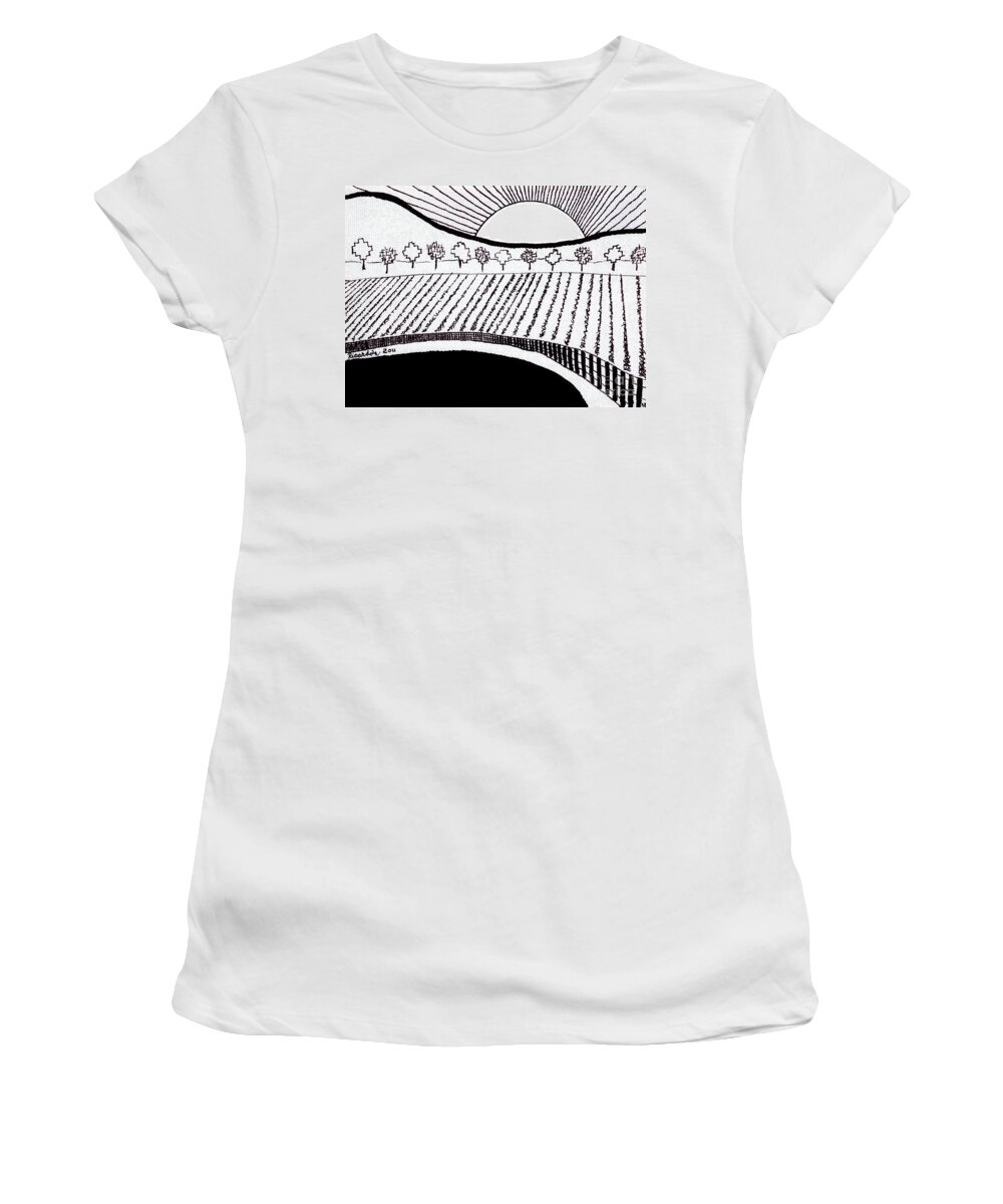 Abstract Women's T-Shirt featuring the mixed media Rising Sun Enhanced Black Ink on White Canvas by Ricardos by Ricardos Creations