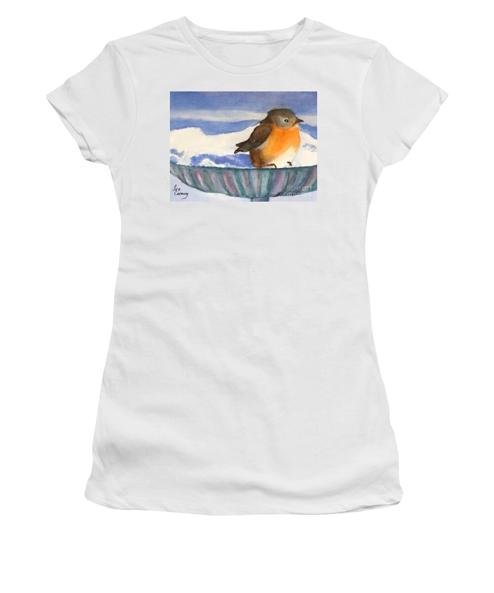 Robin Women's T-Shirt featuring the painting Robin Sitting in the Sun by Sue Carmony