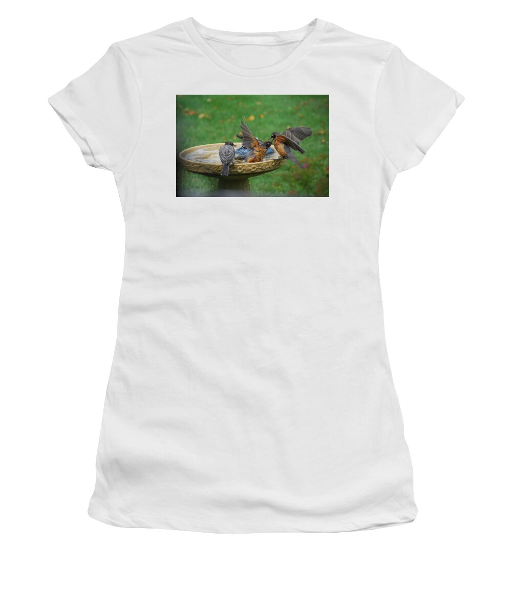 Three Women's T-Shirt featuring the photograph Robins bathing by Wanda Jesfield