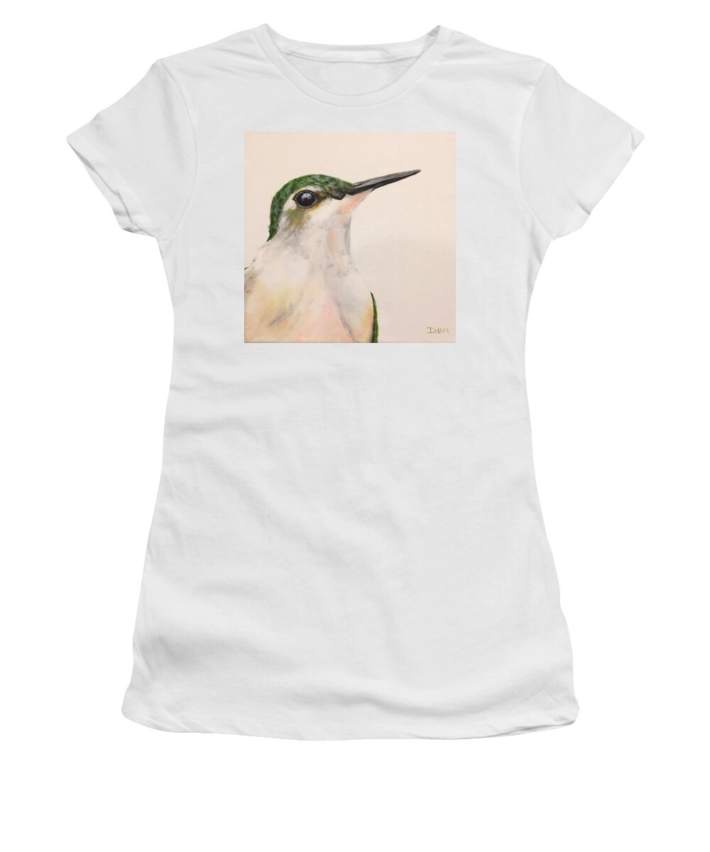 Ruby Throated Humming Bird Women's T-Shirt featuring the painting Ruby Throated Hummingbird by Pat Dolan