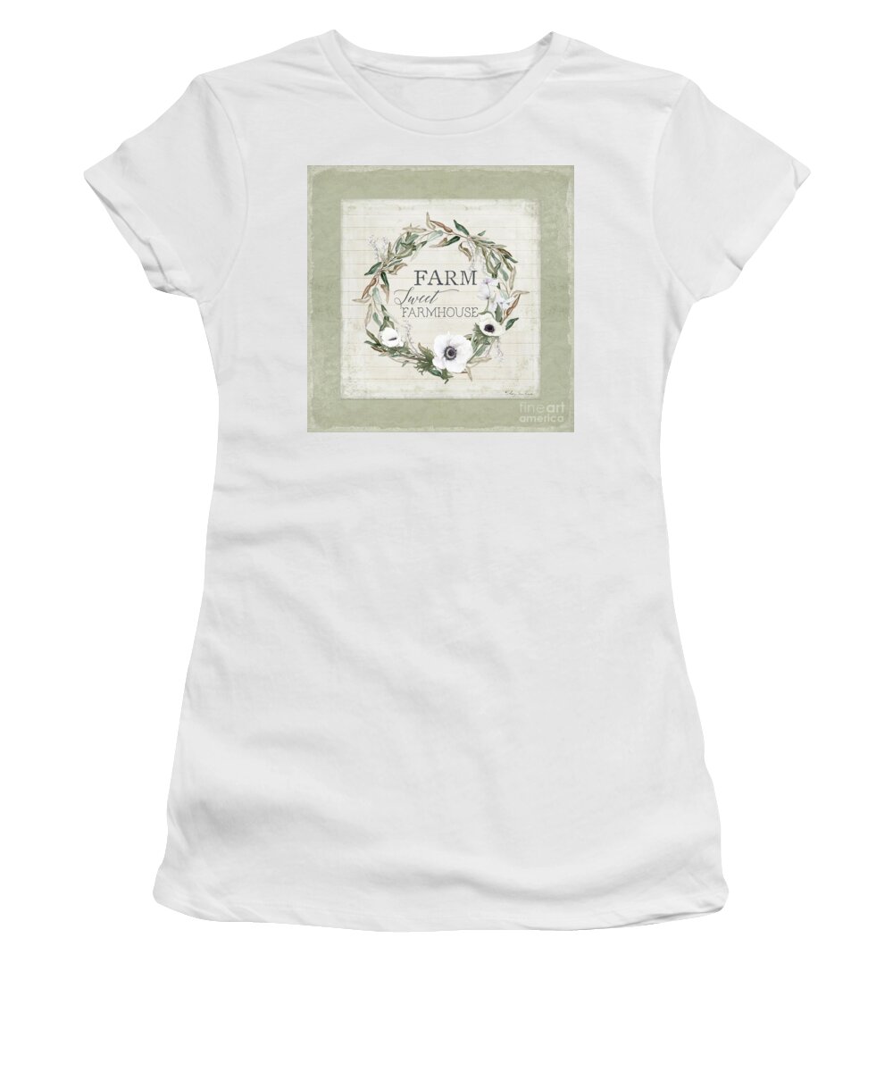  Women's T-Shirt featuring the painting Rustic Farm Sweet Farmhouse Shiplap Wood Boho Eucalyptus Wreath N Anemone Floral by Audrey Jeanne Roberts