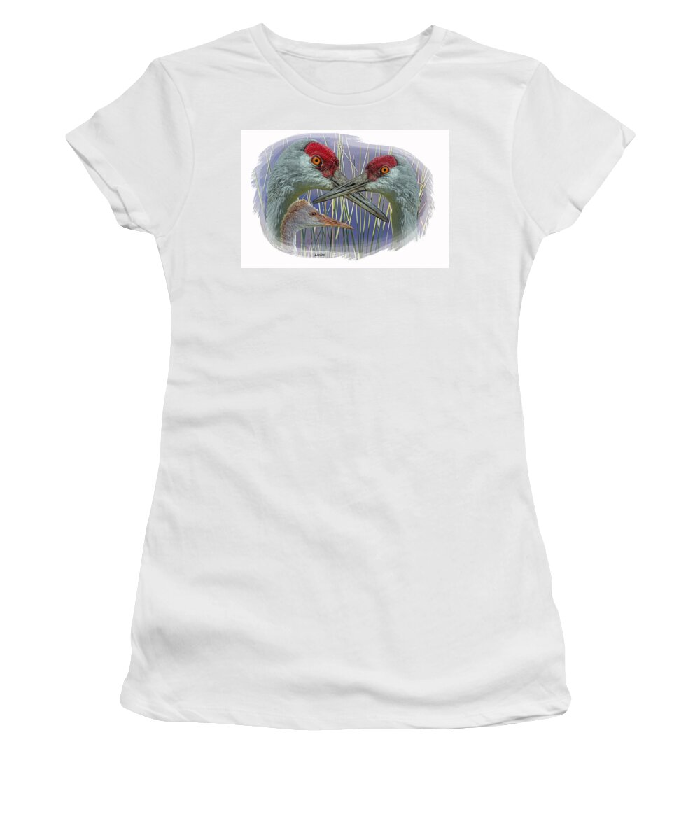 Sandhill Cranes Women's T-Shirt featuring the digital art Sandhill Crane Family by Larry Linton
