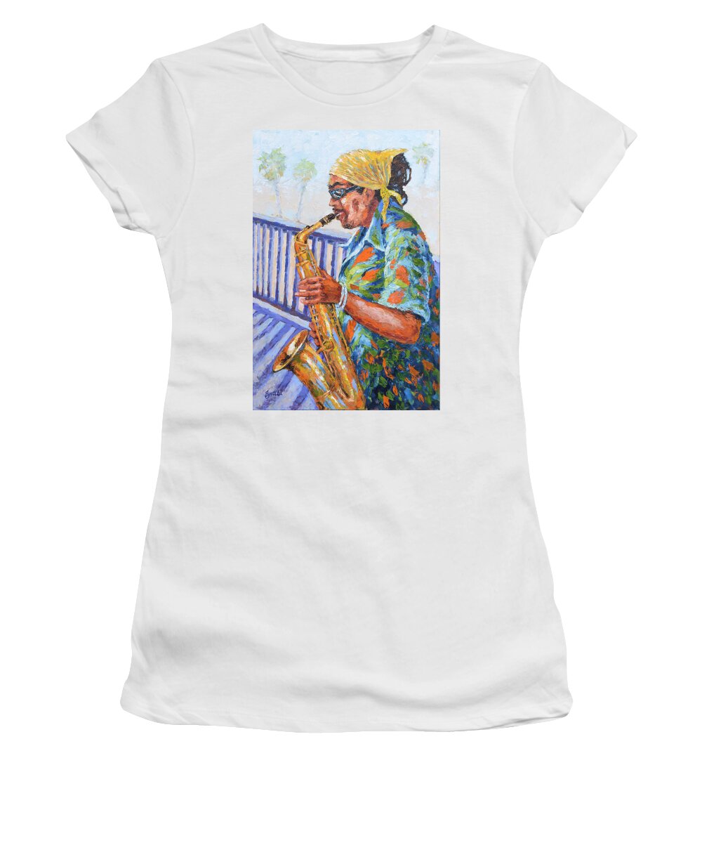 Music Women's T-Shirt featuring the painting Saxophone Player by Jyotika Shroff