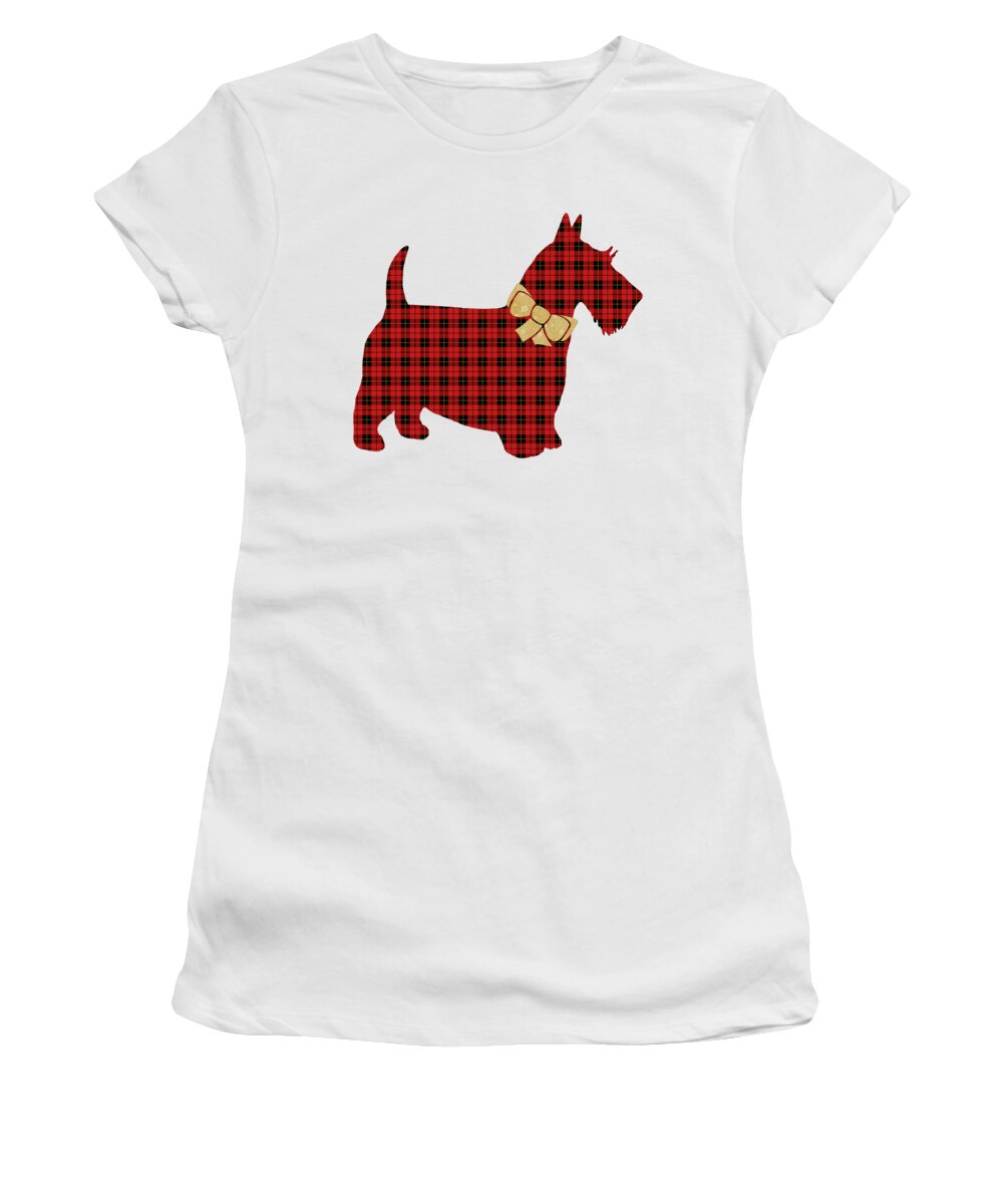 Scottie Dog Women's T-Shirt featuring the mixed media Scottie Dog Plaid by Christina Rollo