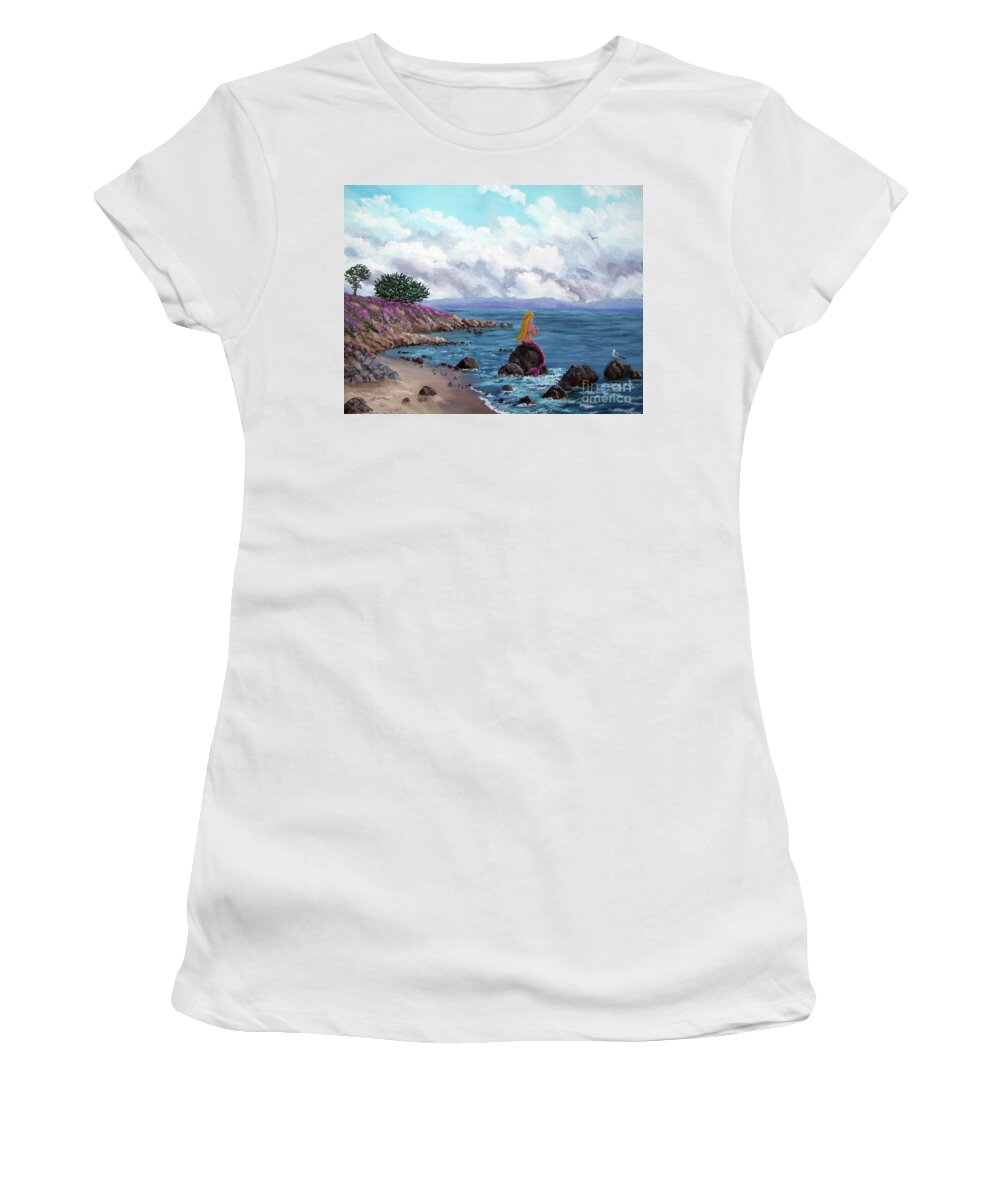 Pacific Grove Women's T-Shirt featuring the painting Seagull Cove by Laura Iverson