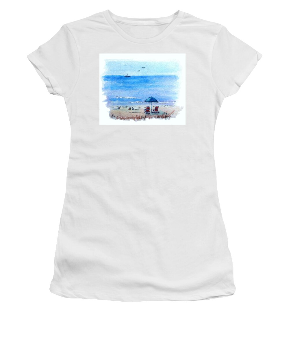 Beach Women's T-Shirt featuring the painting Seagulls by Adele Bower