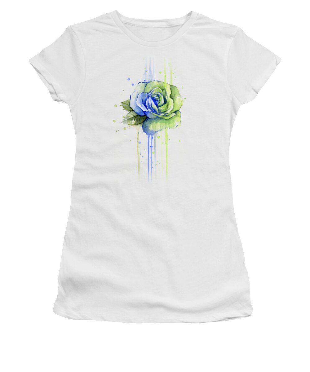 Watercolor Women's T-Shirt featuring the painting Seattle 12th Man Seahawks Watercolor Rose by Olga Shvartsur