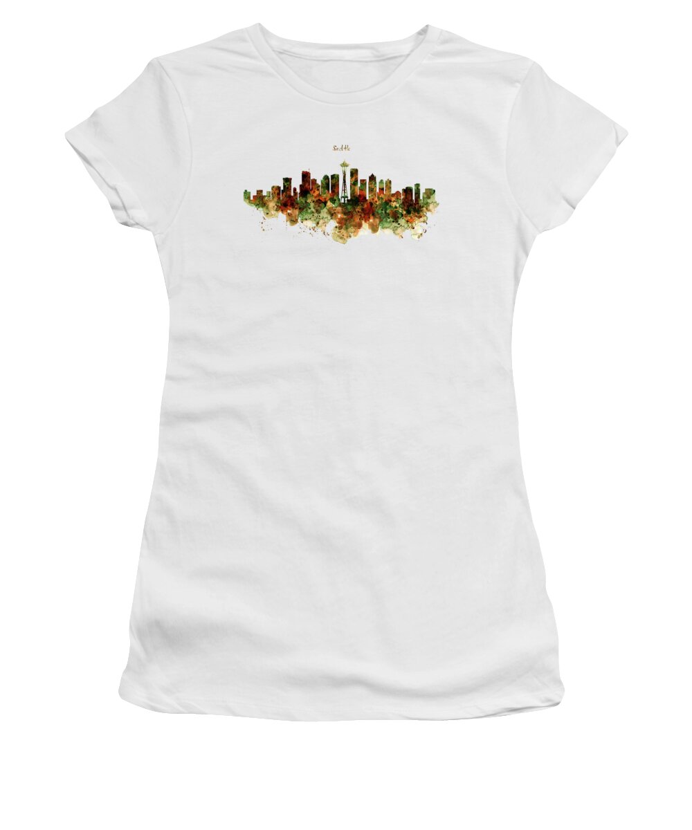 Seattle Women's T-Shirt featuring the painting Seattle Watercolor Skyline Poster by Marian Voicu