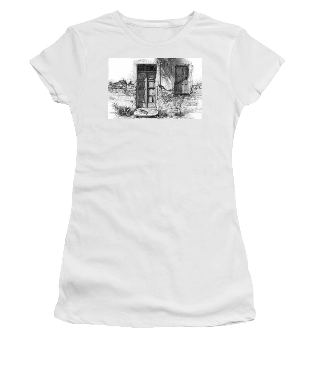 Drawing Women's T-Shirt featuring the drawing Secret of the Closed Doors by Sergey Gusarin