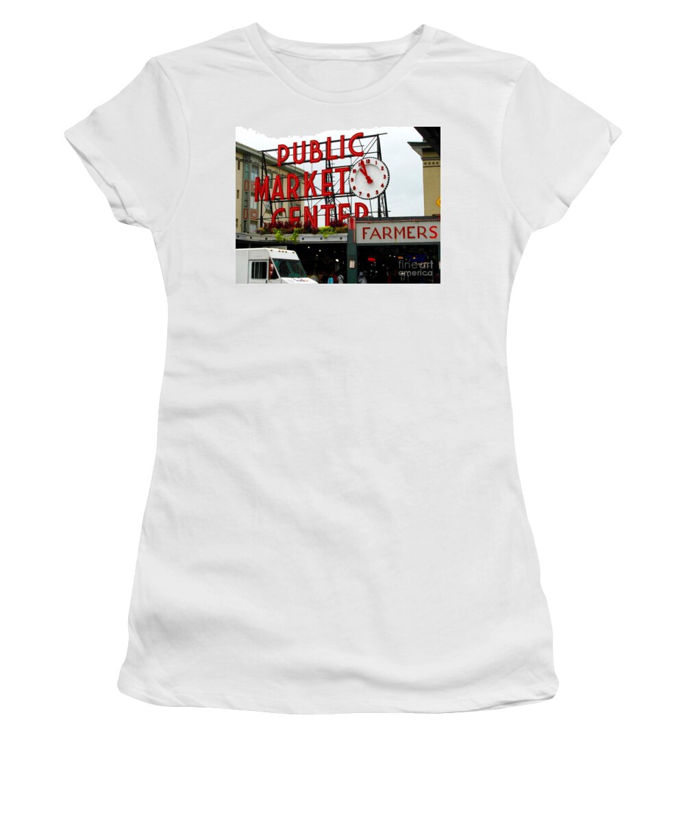 Public Market Center Women's T-Shirt featuring the photograph Sign With Clock by Elisabeth Derichs