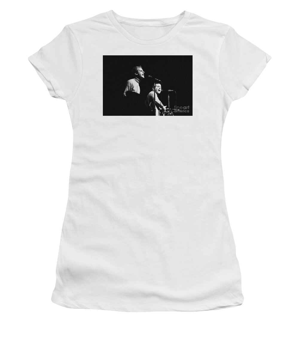 Monterey Pop Festival Women's T-Shirt featuring the photograph Simon and Garfunkel at Monterey Pop Festival by Dave Allen