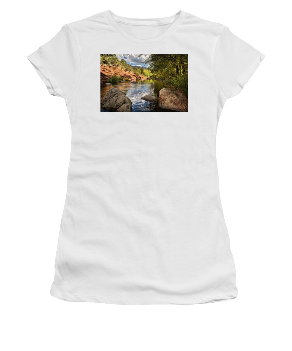 Creekside Women's T-Shirt featuring the photograph Sitting Creekside Oak Creek by Saija Lehtonen