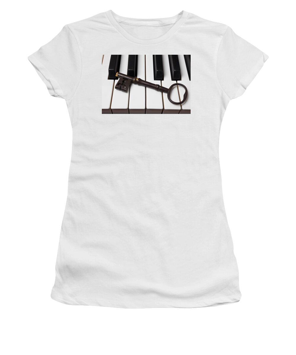 Skeleton Key Women's T-Shirt featuring the photograph Skeleton key on piano keys by Garry Gay