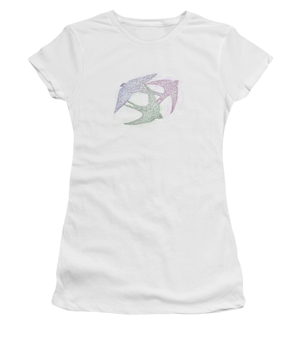 Retro Women's T-Shirt featuring the drawing Sketch of Swallow Birds Design in Motion Symbolism of Freedom and Unity by OLena Art