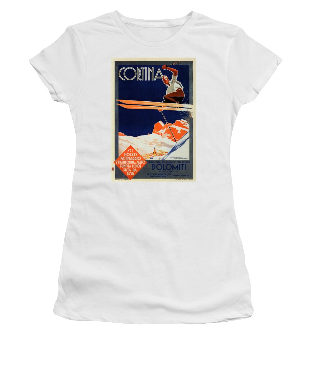 Skiing On The Alps Women's T-Shirt featuring the painting Skiing on the Alps in Cortina - Ice Hockey Tournament - Vintage Advertising Poster by Studio Grafiikka