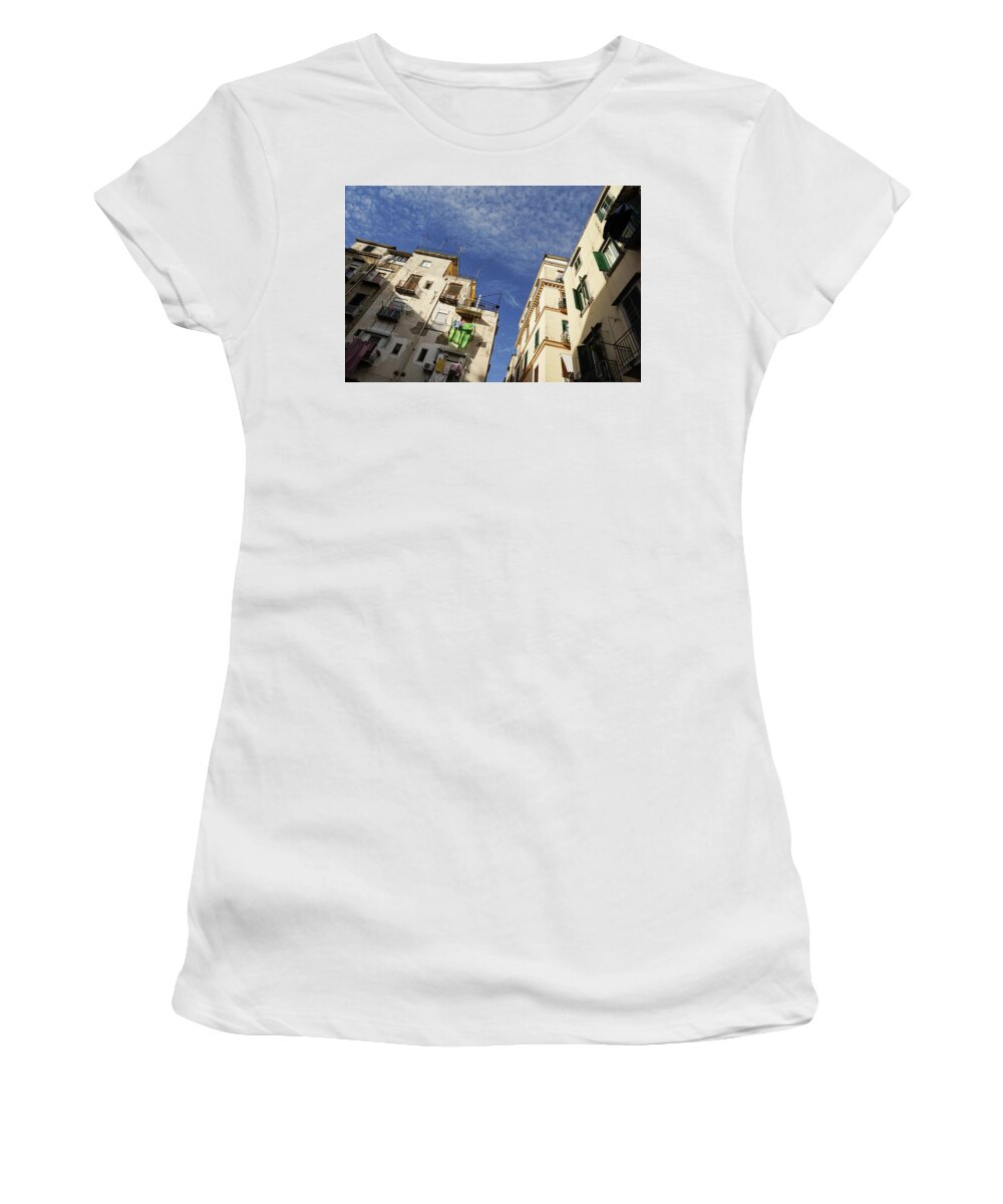 Georgia Mizuleva Women's T-Shirt featuring the photograph Skyward in Naples Italy - Spanish Quarters Take One by Georgia Mizuleva