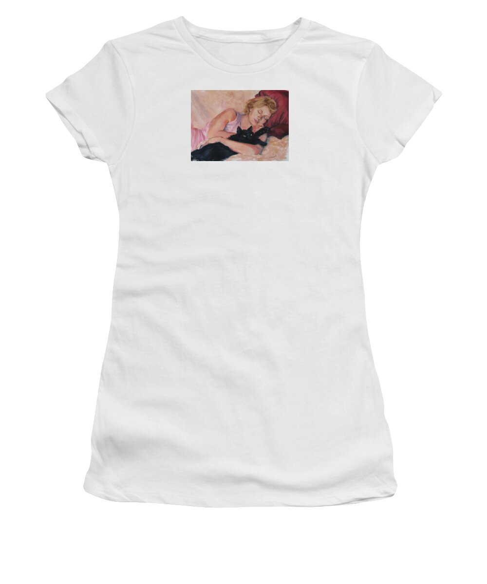 Portrait Women's T-Shirt featuring the painting Sleeping with Fur by Connie Schaertl