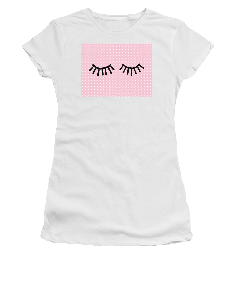 Eyelashes Women's T-Shirt featuring the mixed media Sleepy Eyes and Polka Dots- Art by Linda Woods by Linda Woods