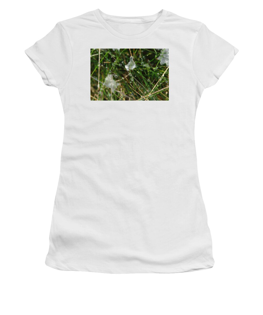 Snow Women's T-Shirt featuring the photograph Snow Beads On Grass by Adrian Wale