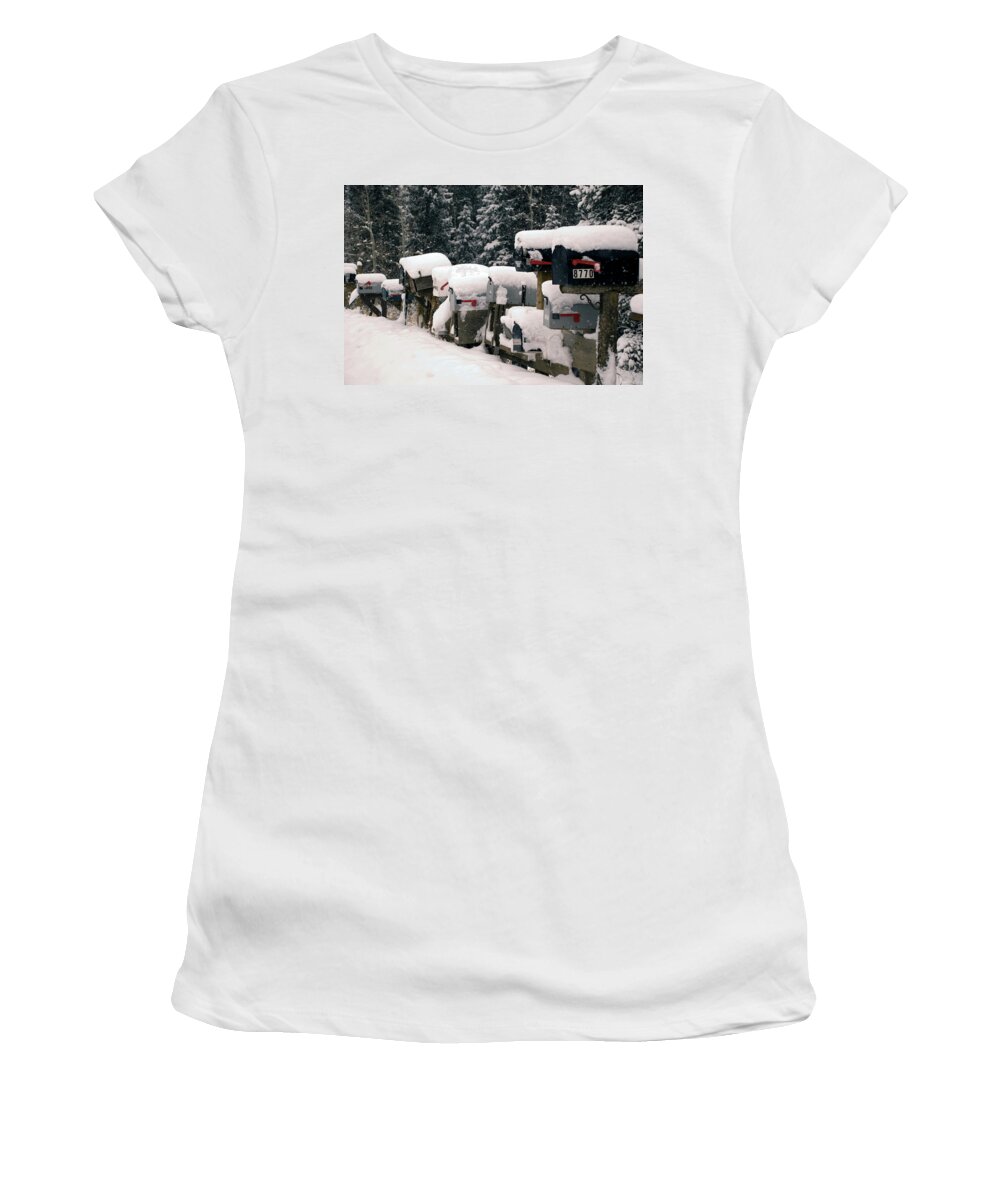 Mailboxes Women's T-Shirt featuring the photograph Snow Covered Mailboxes by Matt Swinden