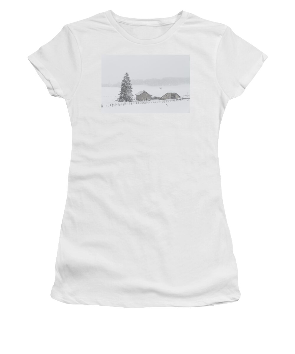 Snowy Landscape Women's T-Shirt featuring the photograph Snow falls on the old farm by Paul MAURICE