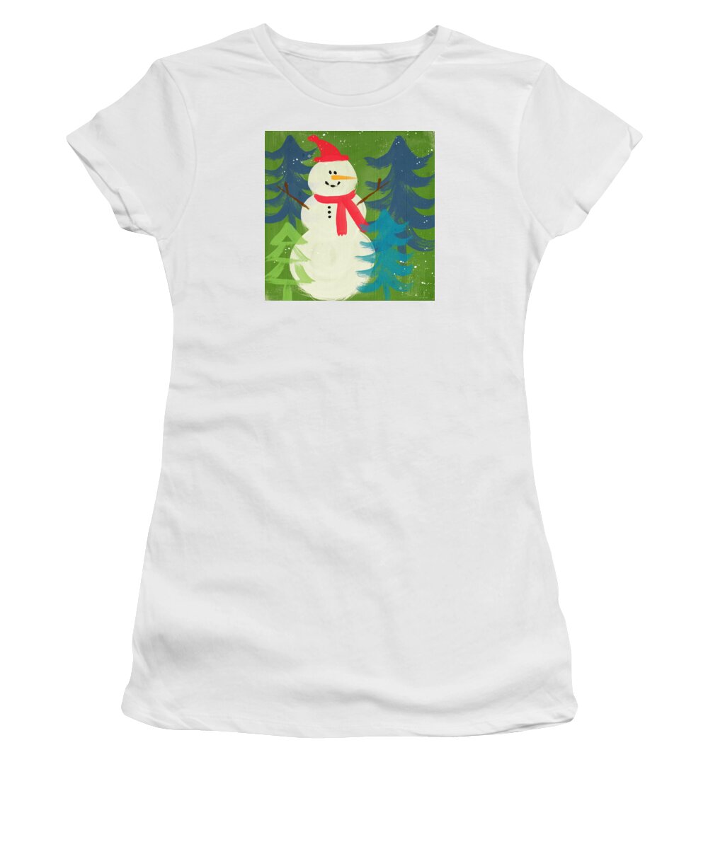 Snowman Women's T-Shirt featuring the painting Snowman in Red Hat-Art by Linda Woods by Linda Woods