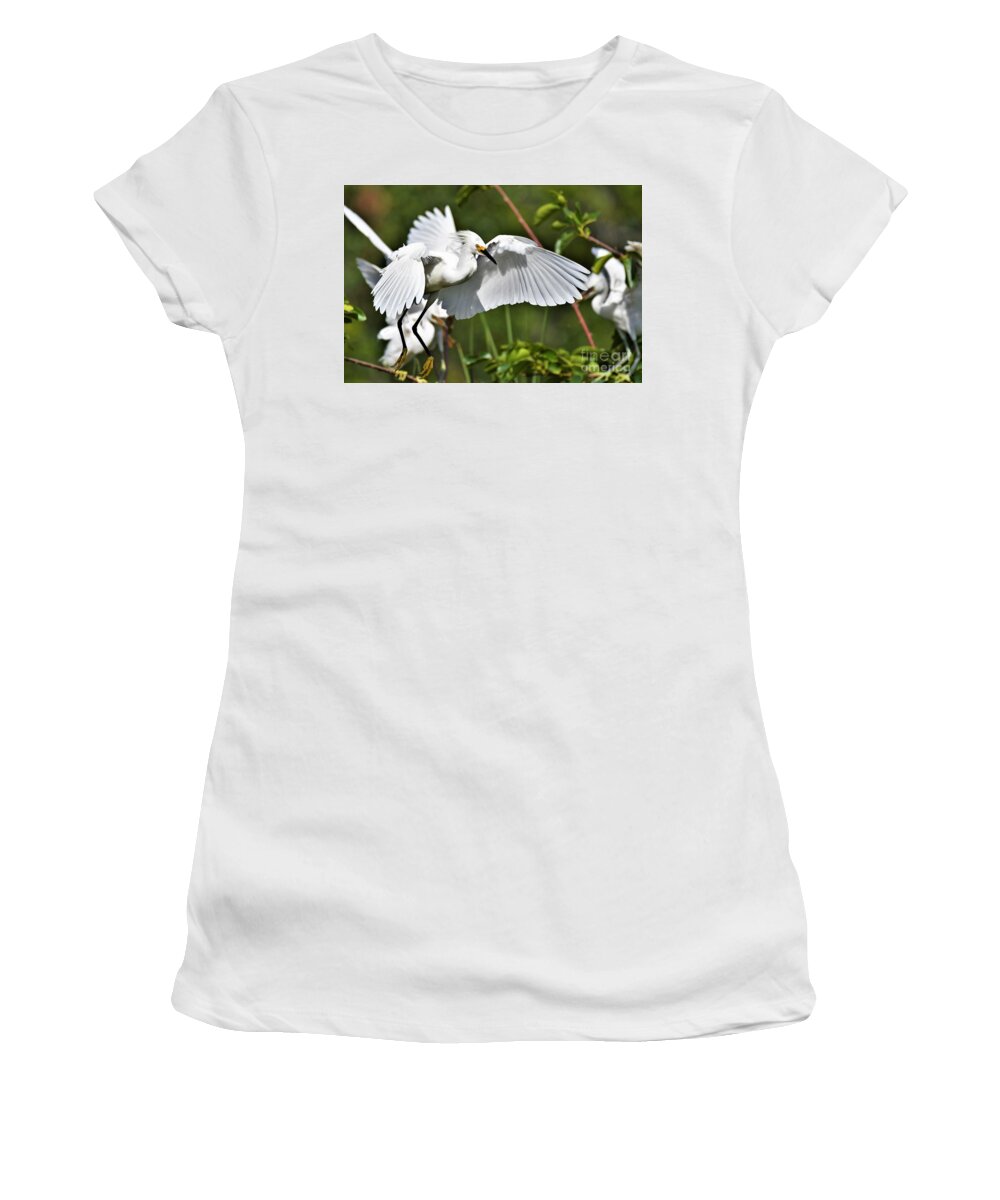 Snowy Egret Women's T-Shirt featuring the photograph Snowy Egret Flying In by Julie Adair