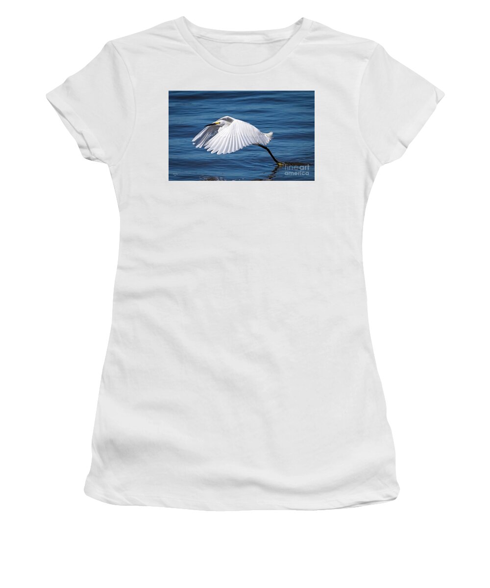 Egret Women's T-Shirt featuring the photograph Snowy Liftoff by DB Hayes