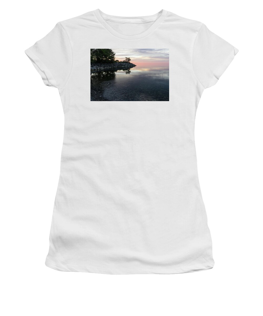 Georgia Mizuleva Women's T-Shirt featuring the photograph Soft Pinks and Purples - Silky Morning on Lake Ontario by Georgia Mizuleva