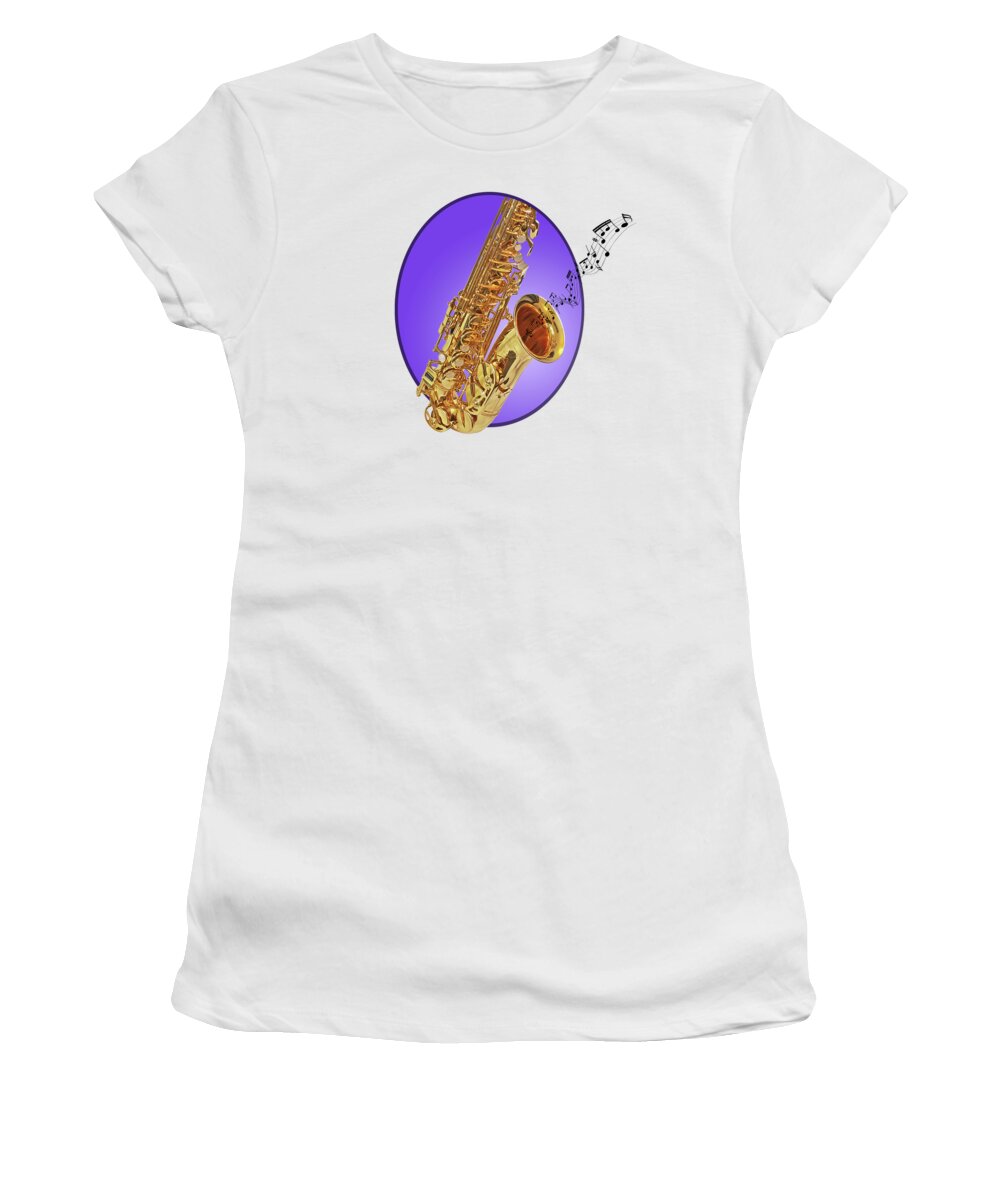 Music Women's T-Shirt featuring the photograph Sounds of the Sax in Purple by Gill Billington