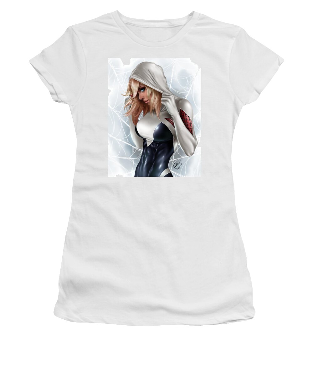 Pete Tapang Women's T-Shirt featuring the painting Spider Gwen by Pete Tapang