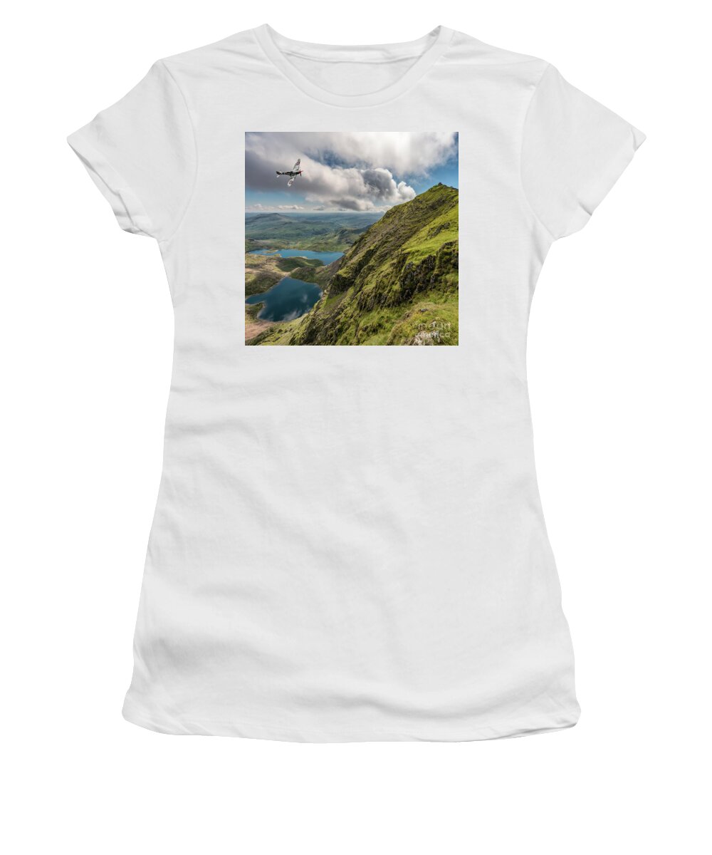 Snowdon Women's T-Shirt featuring the photograph Spitfire over Snowdon by Adrian Evans
