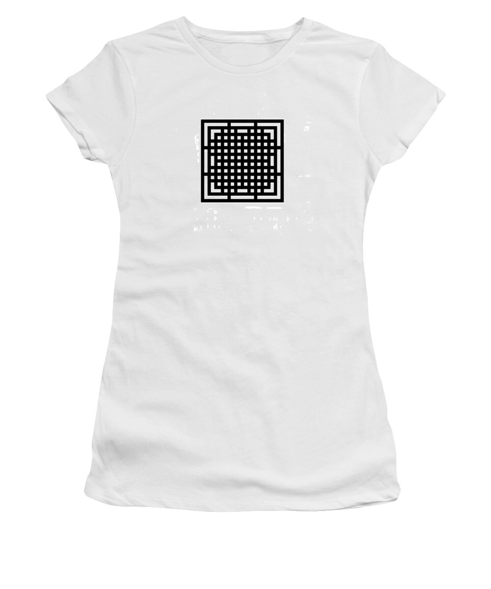 Square Print Grid Geometry Abstract Op Art Figure Ground Women's T-Shirt featuring the digital art Square grid 3 black by Jerry Daniel
