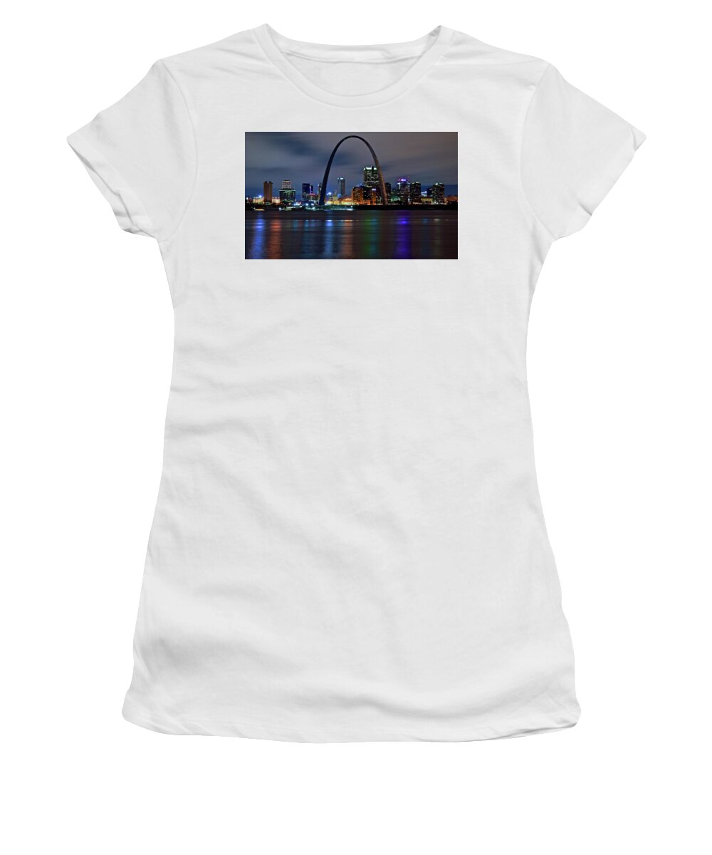 St Women's T-Shirt featuring the photograph St Louie Nightscape by Frozen in Time Fine Art Photography