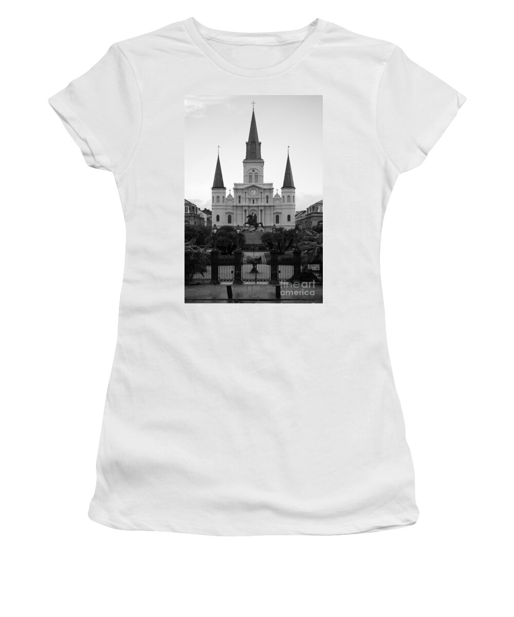 New Orleans Women's T-Shirt featuring the photograph St Louis Cathedral on Jackson Square in the French Quarter New Orleans Black and White by Shawn O'Brien
