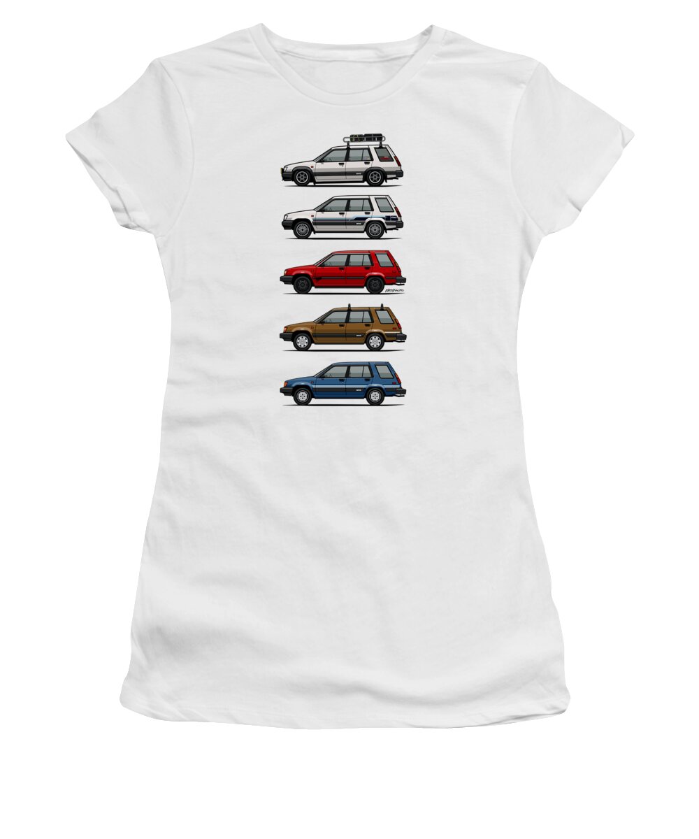 Car Women's T-Shirt featuring the digital art Stack of Toyota Tercel SR5 4WD AL25 Wagons by Tom Mayer II Monkey Crisis On Mars