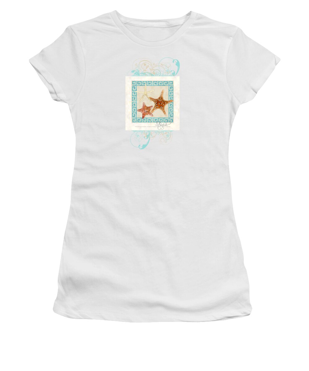 White Finger Starfish Women's T-Shirt featuring the painting Starfish Greek Key Pattern w Swirls by Audrey Jeanne Roberts