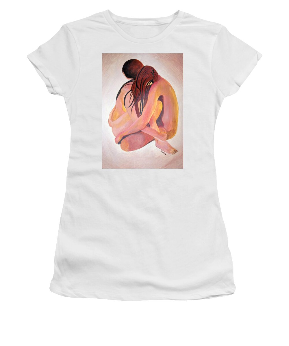 Snuggle Women's T-Shirt featuring the painting Staying In Touch by Taiche Acrylic Art