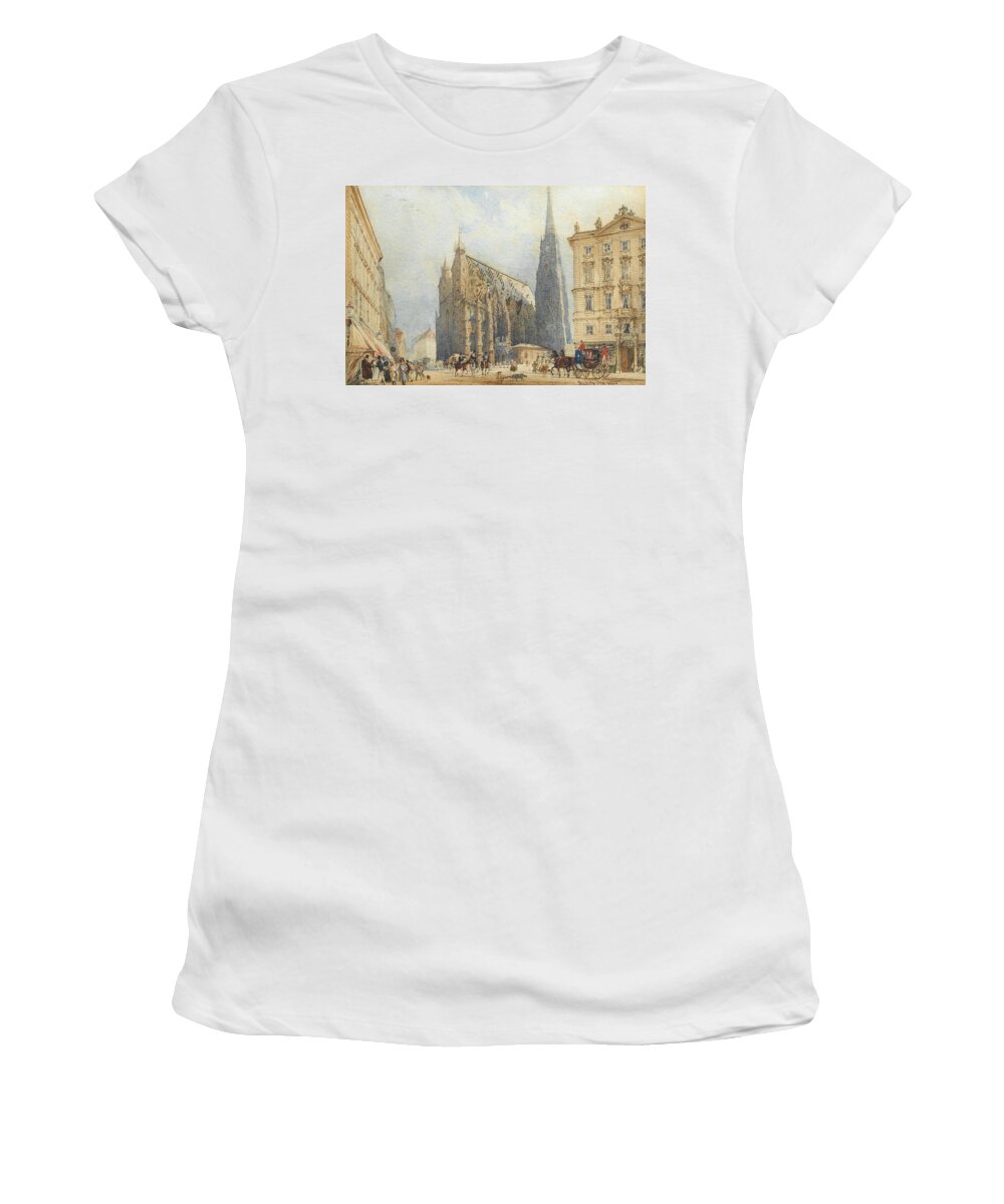 19th Century Art Women's T-Shirt featuring the painting Stephansplatz in Vienna with the Cathedral by Rudolf von Alt