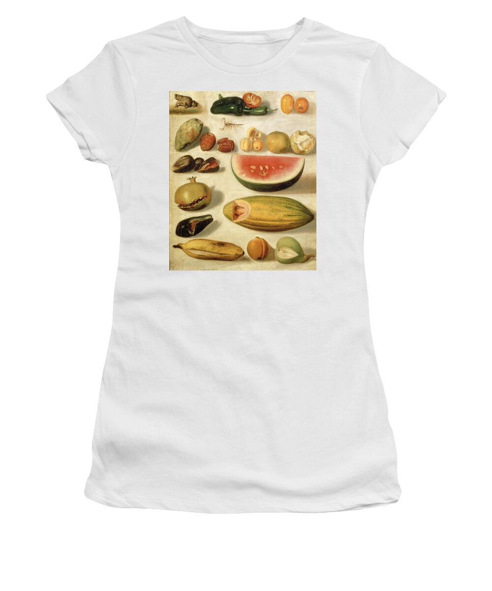 Hermenegildo Bustos Women's T-Shirt featuring the painting Still life with fruit with scorpion and frog by Hermenegildo Bustos