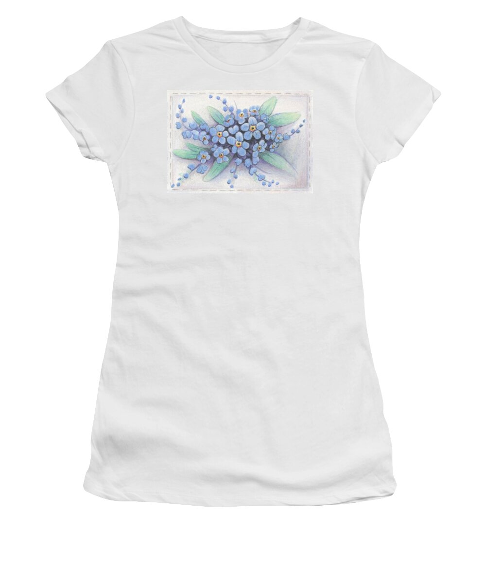 Floral Women's T-Shirt featuring the drawing Stitched Forget-Me-Nots by Amy S Turner