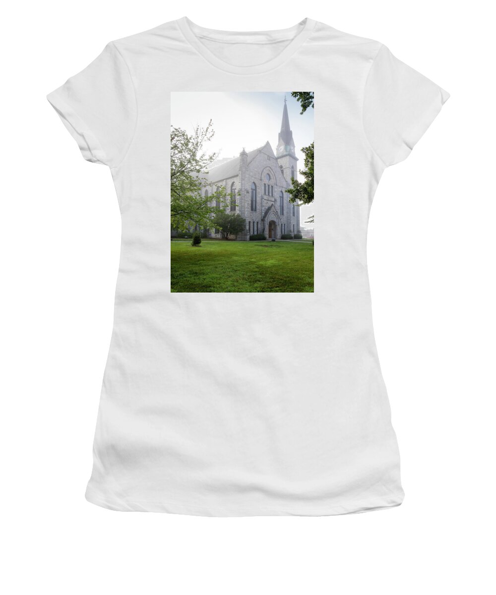 Drury Women's T-Shirt featuring the photograph Stone Chapel in Fog by Allin Sorenson