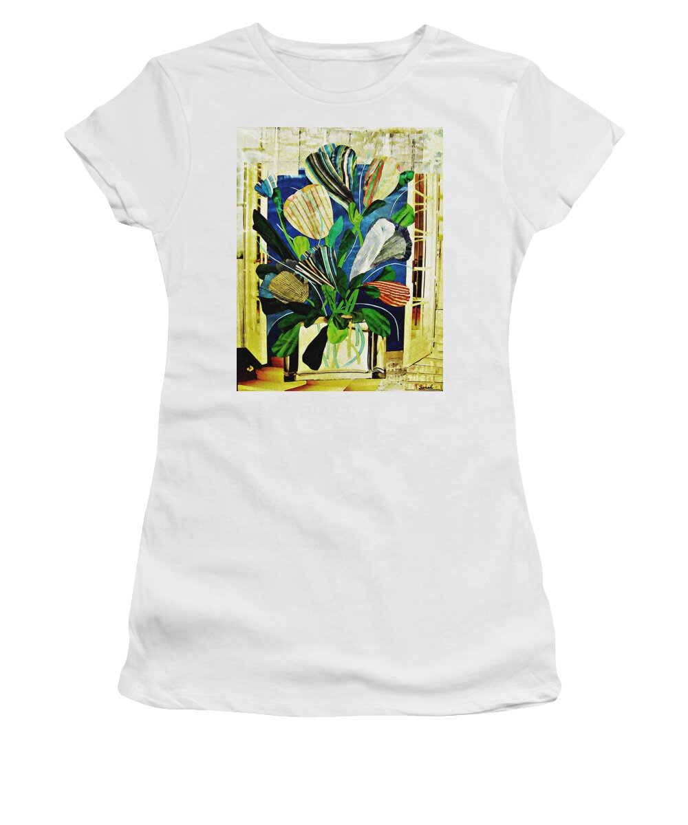 Tulip Women's T-Shirt featuring the mixed media Striped Tulips at the Old Apartment by Sarah Loft