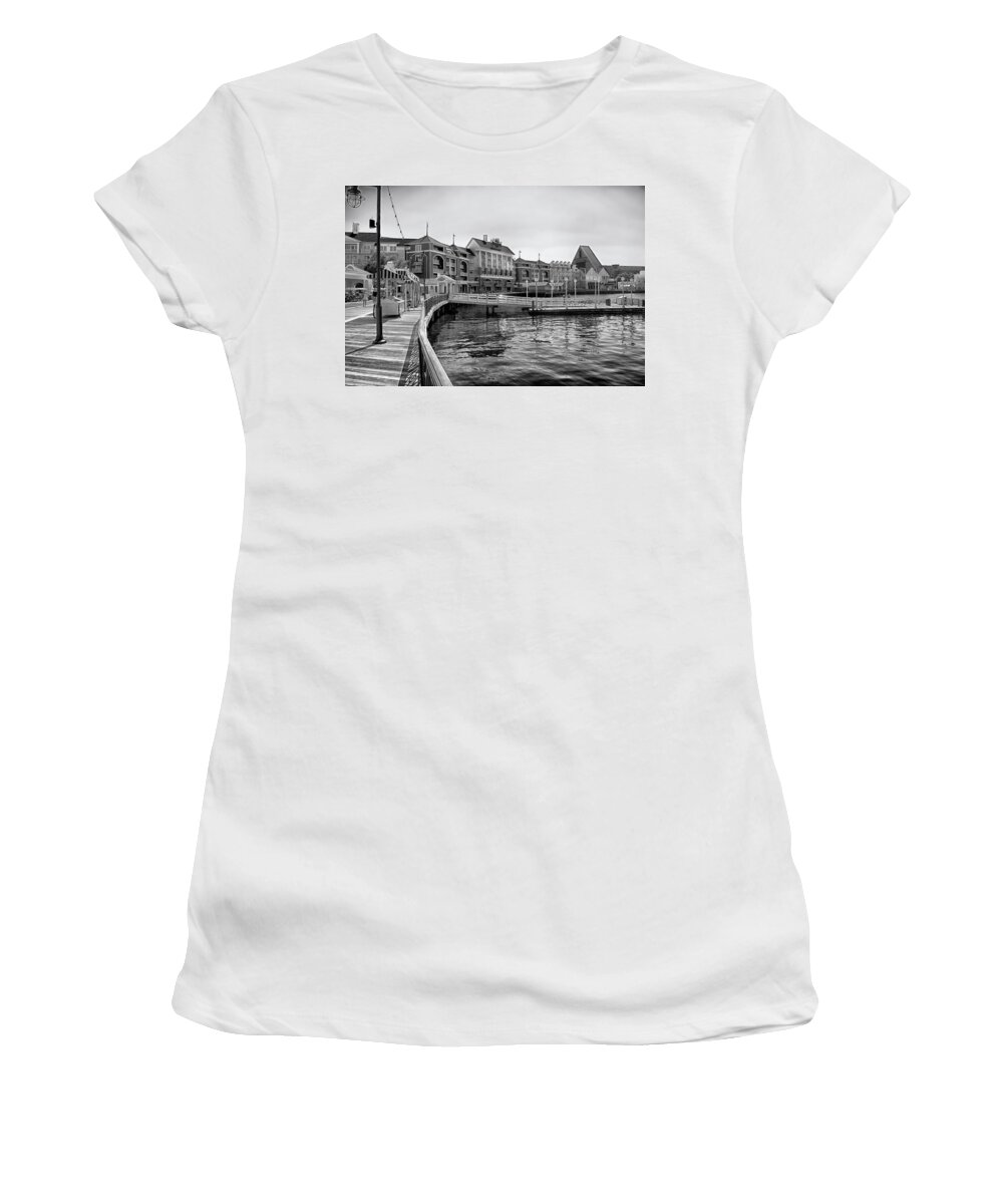 Black And White Women's T-Shirt featuring the photograph Strolling on the boardwalk in Black and White Walt Disney World MP by Thomas Woolworth