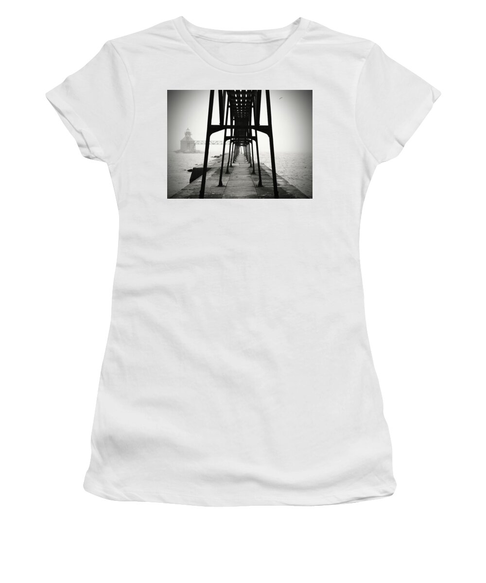 Sturgeon Bay Ship Canal Pierhead Lighthouse Women's T-Shirt featuring the photograph Sturgeon Bay Ship Canal Pierhead Lighthouse B W by David T Wilkinson