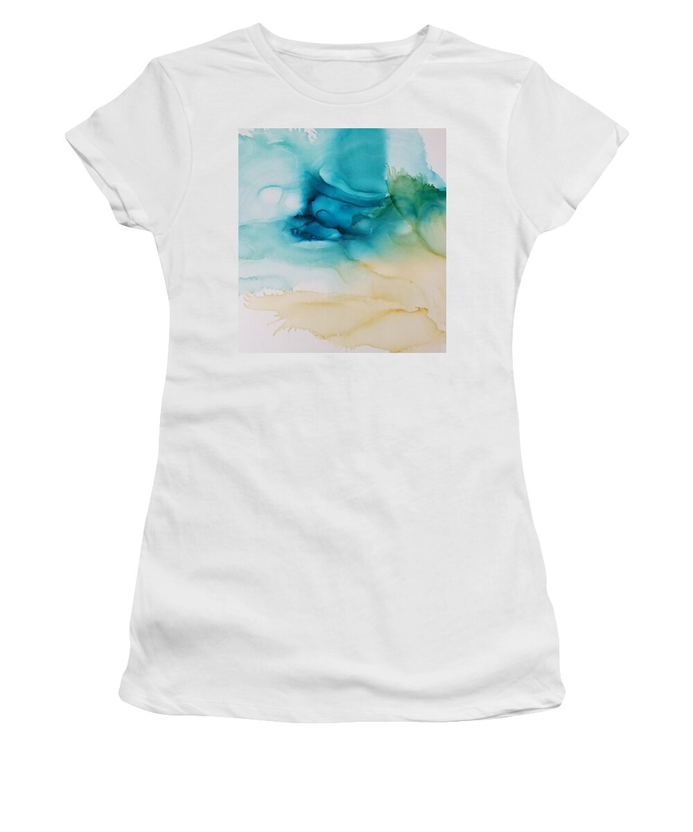 Landscape Turquoise Aqua Cream Green Blue White Decor Summer Sunshine Ocean Beach Abstract Alcohol Ink Yupo Women's T-Shirt featuring the painting Summer Day by Kelly Dallas