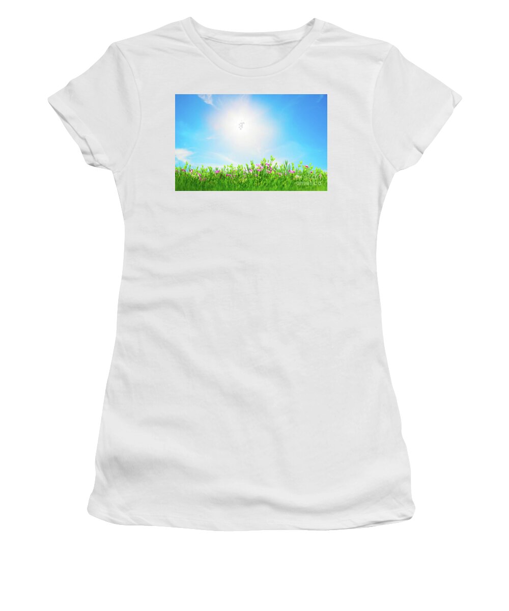 Grass Women's T-Shirt featuring the photograph Summer meadow flowers in green grass, sunny blue sky by Michal Bednarek