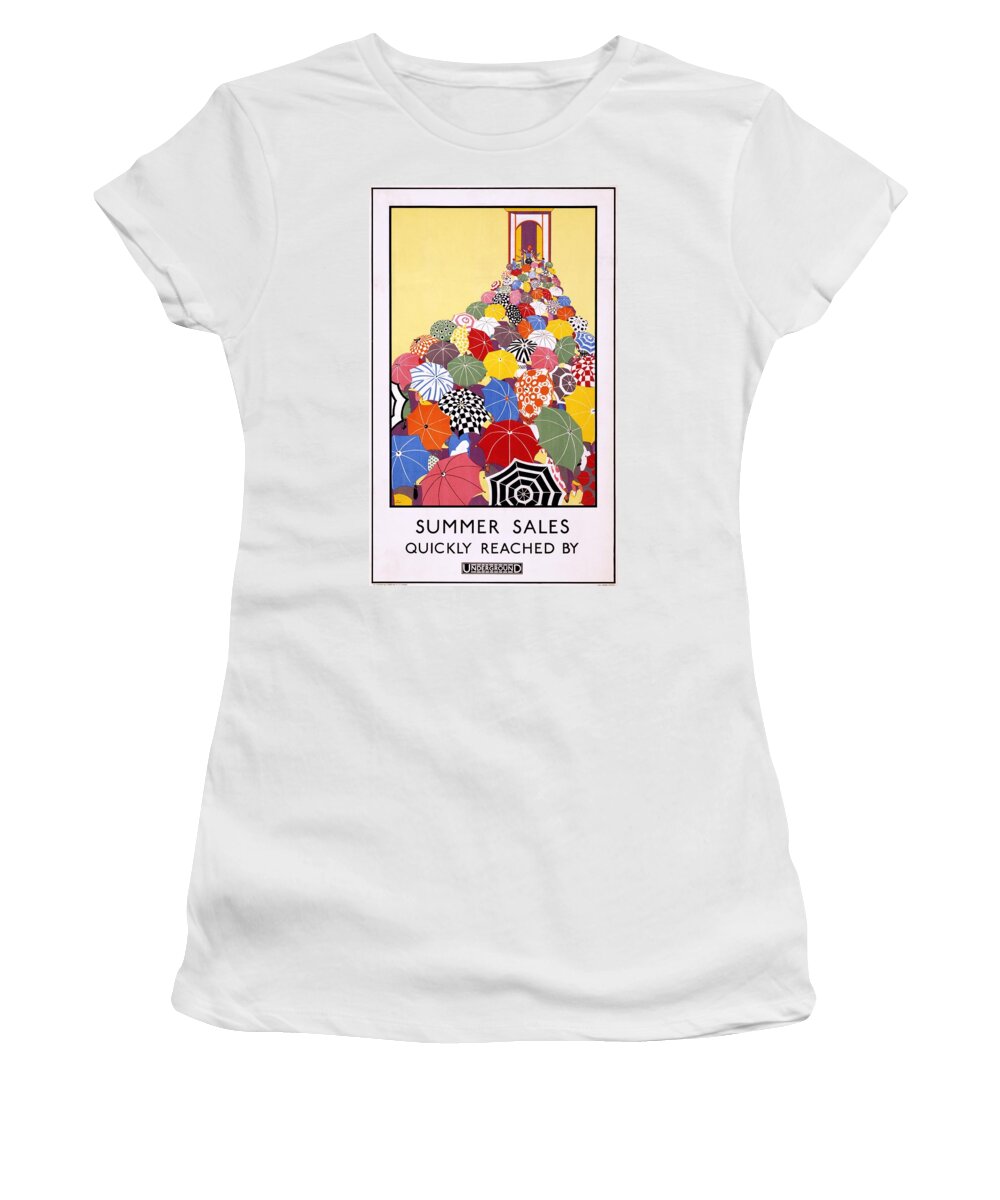 Umbrellas Women's T-Shirt featuring the mixed media Summer Sales Quickly Reached by Underground - London Underground - Retro travel Poster by Studio Grafiikka