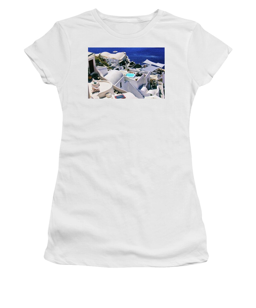 Summertime Women's T-Shirt featuring the photograph Summertime in Santorini by Mariola Bitner